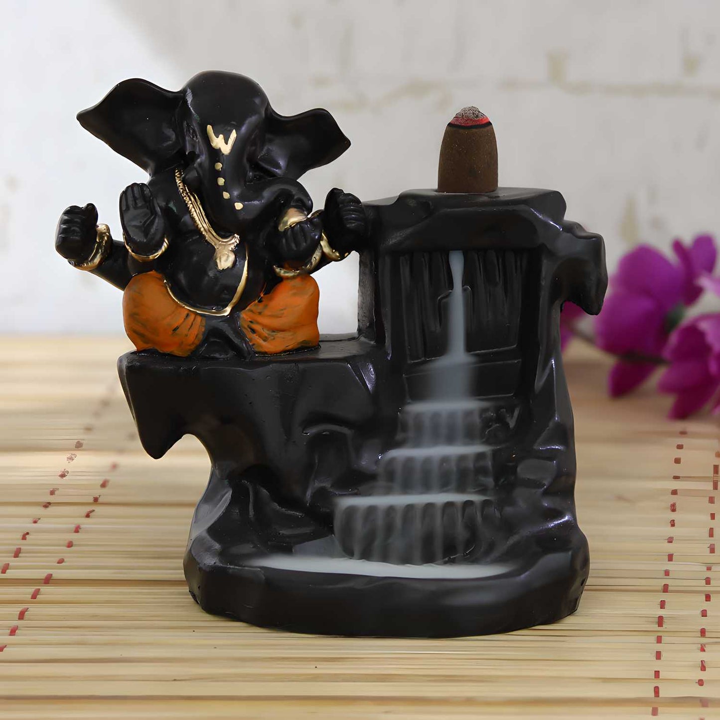 eCraftIndia Lord Orange Ganesha Smoke Backflow Cone Incense Holder Decorative Showpiece with 10 free Smoke Backflow Scented Cone Incenses